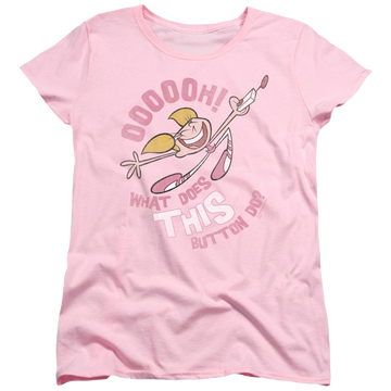 Pink women's t-shirt with Dexter's Laboratory Button graphic