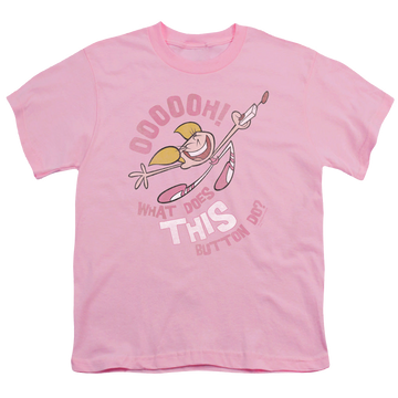 Pink youth t-shirt for ages 8 to 12 with Dexter's Laboratory Button graphic