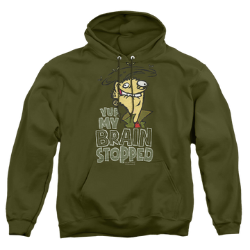 Military green pullover hoodie with Ed, Edd n Eddy Brain Dead Ed graphic