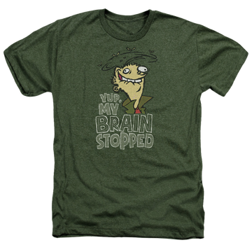 Military green men's heather t-shirt with Ed, Edd n Eddy Brain Dead Ed graphic