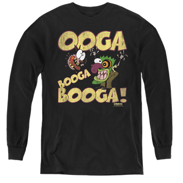 Black youth long sleeve t-shirt with Courage the Cowardly Dog Ooga Booga Booga graphic