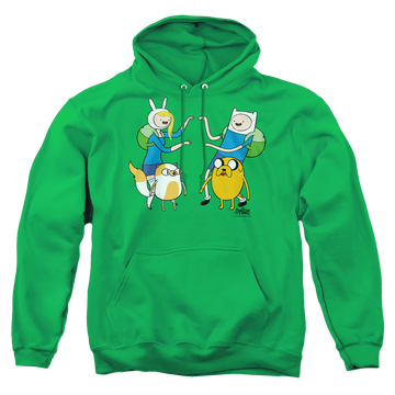 Kelly green pullover hoodie with Adventure Time Meet Up graphic