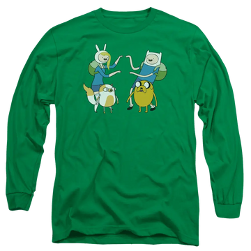 Kelly green men's long sleeve t-shirt with Adventure Time Meet Up graphic
