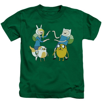 Kelly green kid's t-shirt for ages 4 to 7 with Adventure Time Meet Up graphic