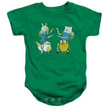 Kelly green baby bodysuit with Adventure Time Meet Up graphic