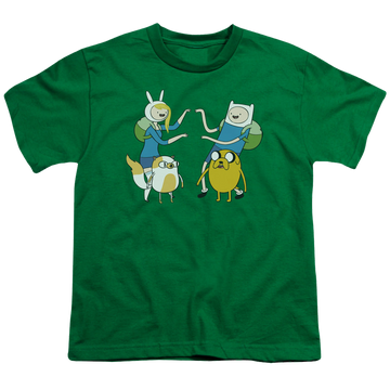Kelly green youth t-shirt for ages 8 to 12 with Adventure Time Meet Up graphic