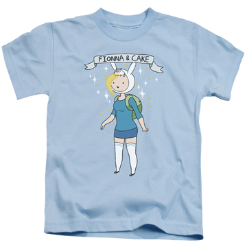 Light blue kid's t-shirt for ages 4 to 7 with Adventure Time Fionna & Cake graphic