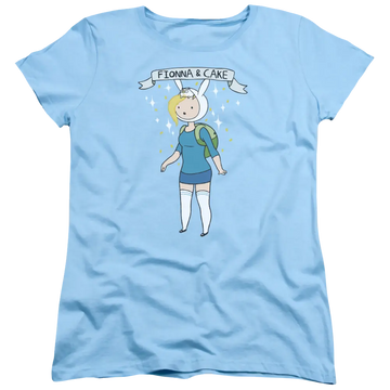 Light blue women's t-shirt with Adventure Time Fionna & Cake graphic