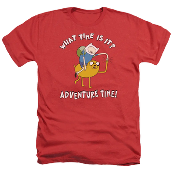 Red men's heather t-shirt with Adventure Time Ride Bump graphic