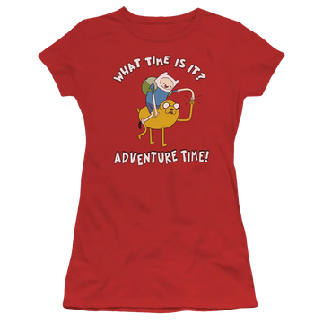Red juniors t-shirt with Adventure Time Ride Bump graphic