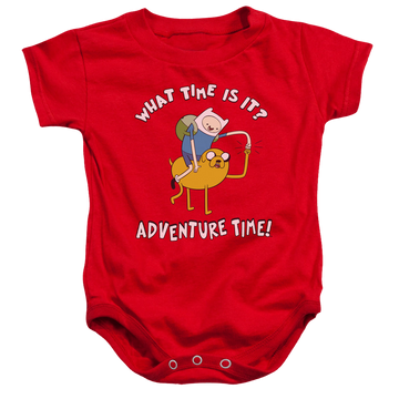 Red baby bodysuit with Adventure Time Ride Bump graphic