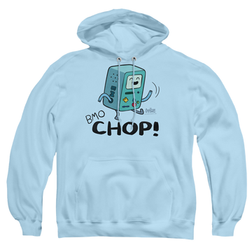 Light blue pullover hoodie with Adventure Time Bmo Chop graphic