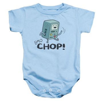 Light blue baby bodysuit with Adventure Time Bmo Chop graphic