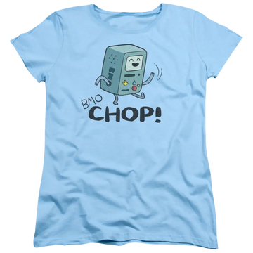 Light blue women's t-shirt with Adventure Time Bmo Chop graphic
