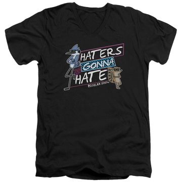 Black men's v-neck t-shirt with Regular Show Haters Gonna Hate graphic
