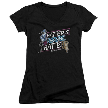 Black juniors v-neck t-shirt with Regular Show Haters Gonna Hate graphic
