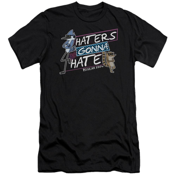 Black men's premium slim fit t-shirt with Regular Show Haters Gonna Hate graphic