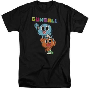Black men's tall fit t-shirt with The Amazing World of Gumball Gumball Spray graphic