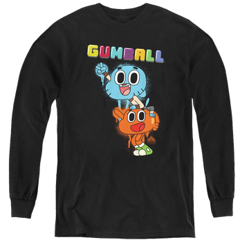 Black youth long sleeve t-shirt with The Amazing World of Gumball Gumball Spray graphic