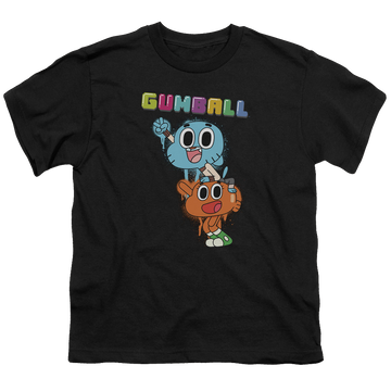 Black youth t-shirt for ages 8 to 12 with The Amazing World of Gumball Gumball Spray graphic