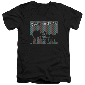 Black men's v-neck t-shirt with Regular Show Rgb Group graphic