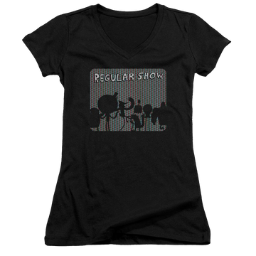 Black juniors v-neck t-shirt with Regular Show Rgb Group graphic