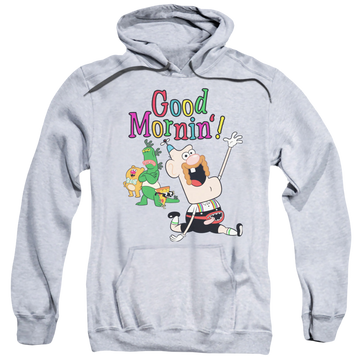 Athletic heather pullover hoodie with Uncle Grandpa Good Mornin graphic