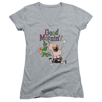 Athletic heather juniors v-neck t-shirt with Uncle Grandpa Good Mornin graphic