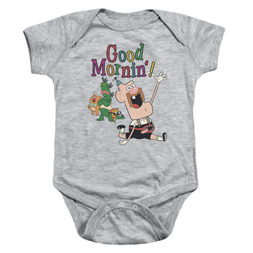 Athletic heather baby bodysuit with Uncle Grandpa Good Mornin graphic