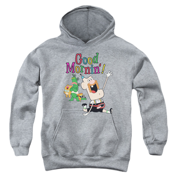 Athletic heather youth hoodie for ages 8 to 12 with Uncle Grandpa Good Mornin graphic
