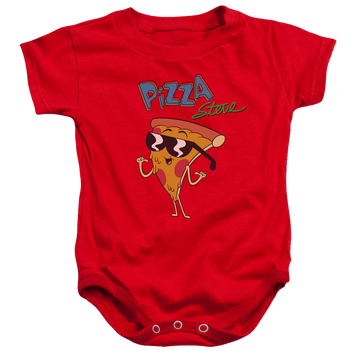 Red baby bodysuit with Uncle Grandpa Pizza Steve graphic