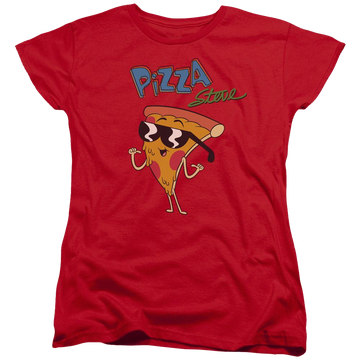 Red women's t-shirt with Uncle Grandpa Pizza Steve graphic