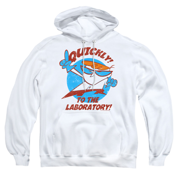 White pullover hoodie with Dexter's Laboratory Quickly graphic