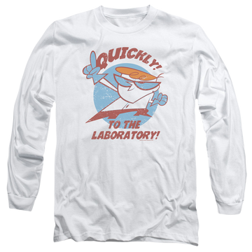 White men's long sleeve t-shirt with Dexter's Laboratory Quickly graphic