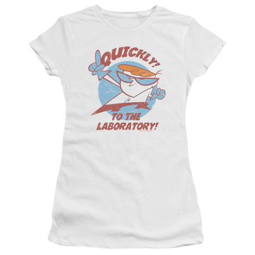 White juniors t-shirt with Dexter's Laboratory Quickly graphic