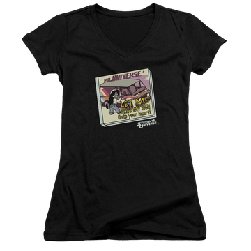 Black juniors v-neck t-shirt with Steven Universe Mr. Universe graphic