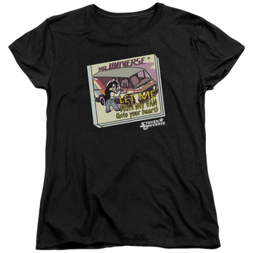 Black women's t-shirt with Steven Universe Mr. Universe graphic