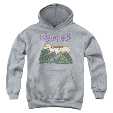 Athletic heather youth hoodie for ages 8 to 12 with Clarence Gang graphic