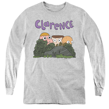 Athletic heather youth long sleeve t-shirt with Clarence Gang graphic
