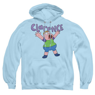 Light blue pullover hoodie with Clarence Whoo graphic