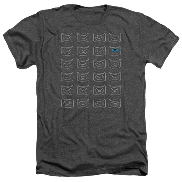 Charcoal men's heather t-shirt with Adventure Time Finn Faces graphic