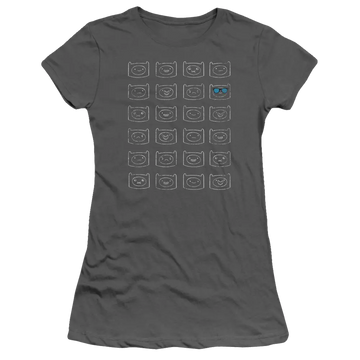 Charcoal juniors t-shirt with Adventure Time Finn Faces graphic