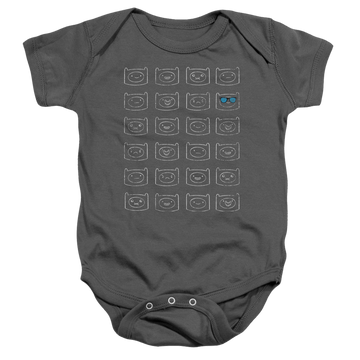 Charcoal baby bodysuit with Adventure Time Finn Faces graphic