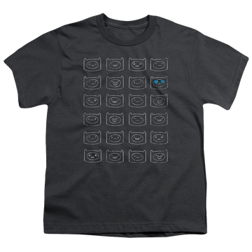 Charcoal youth t-shirt for ages 8 to 12 with Adventure Time Finn Faces graphic