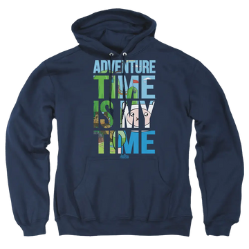 Navy pullover hoodie with Adventure Time My Time graphic