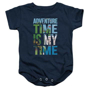 Navy baby bodysuit with Adventure Time My Time graphic