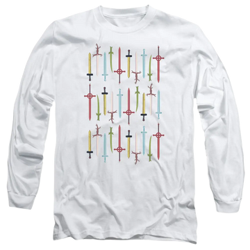 White men's long sleeve t-shirt with Adventure Time Swords graphic