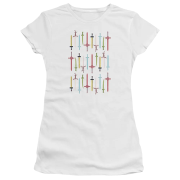 White juniors t-shirt with Adventure Time Swords graphic