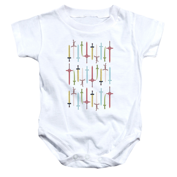 White baby bodysuit with Adventure Time Swords graphic