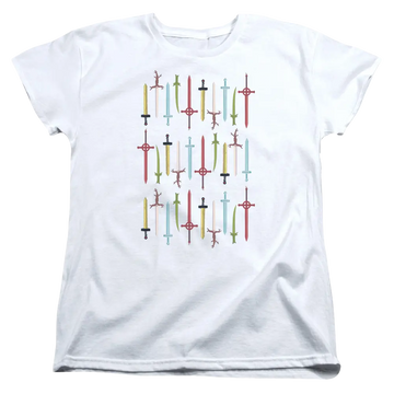 White women's t-shirt with Adventure Time Swords graphic